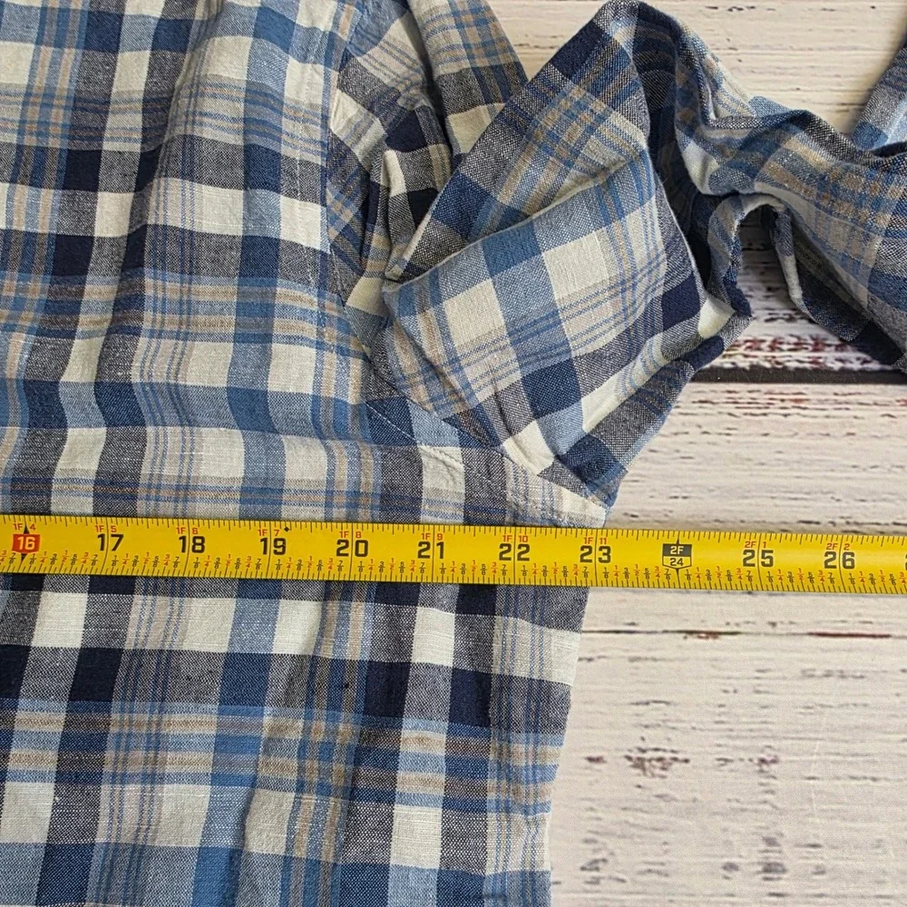 Banana Republic Mens Large Blue Plaid Linen Cotton Long Sleeve Button Up Shirt